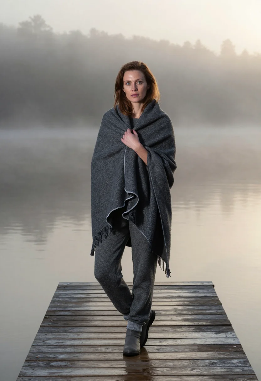 AI lake dock blanket slate sample — portrait of a woman, framed full-length from head to toe, a