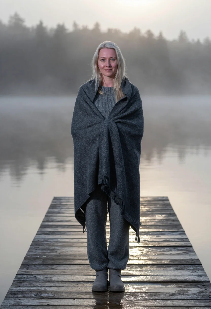 AI lake dock blanket slate sample — portrait of a woman, framed chest-up from the ribs with the