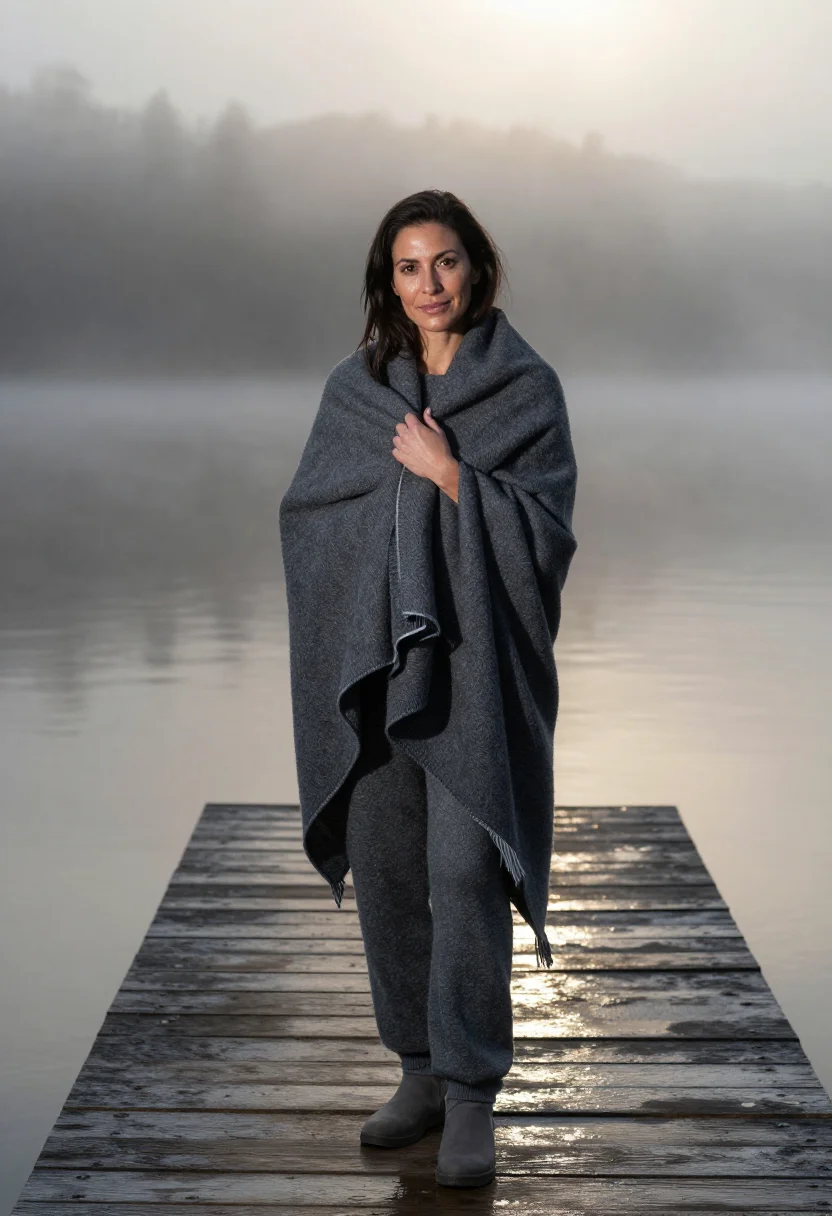 AI lake dock blanket slate sample — portrait of a woman, framed half-length from the waist up, a