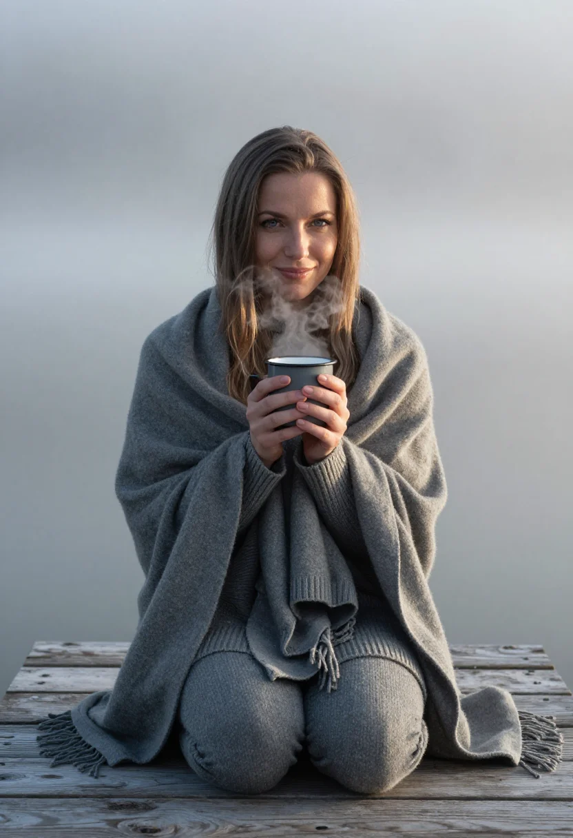 AI lake dock blanket slate sample — portrait of a woman, framed half-length from the waist up, a