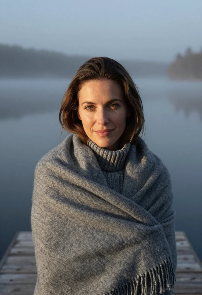 AI lake dock blanket slate sample — portrait of a woman, framed tight, head and shoulders, the b