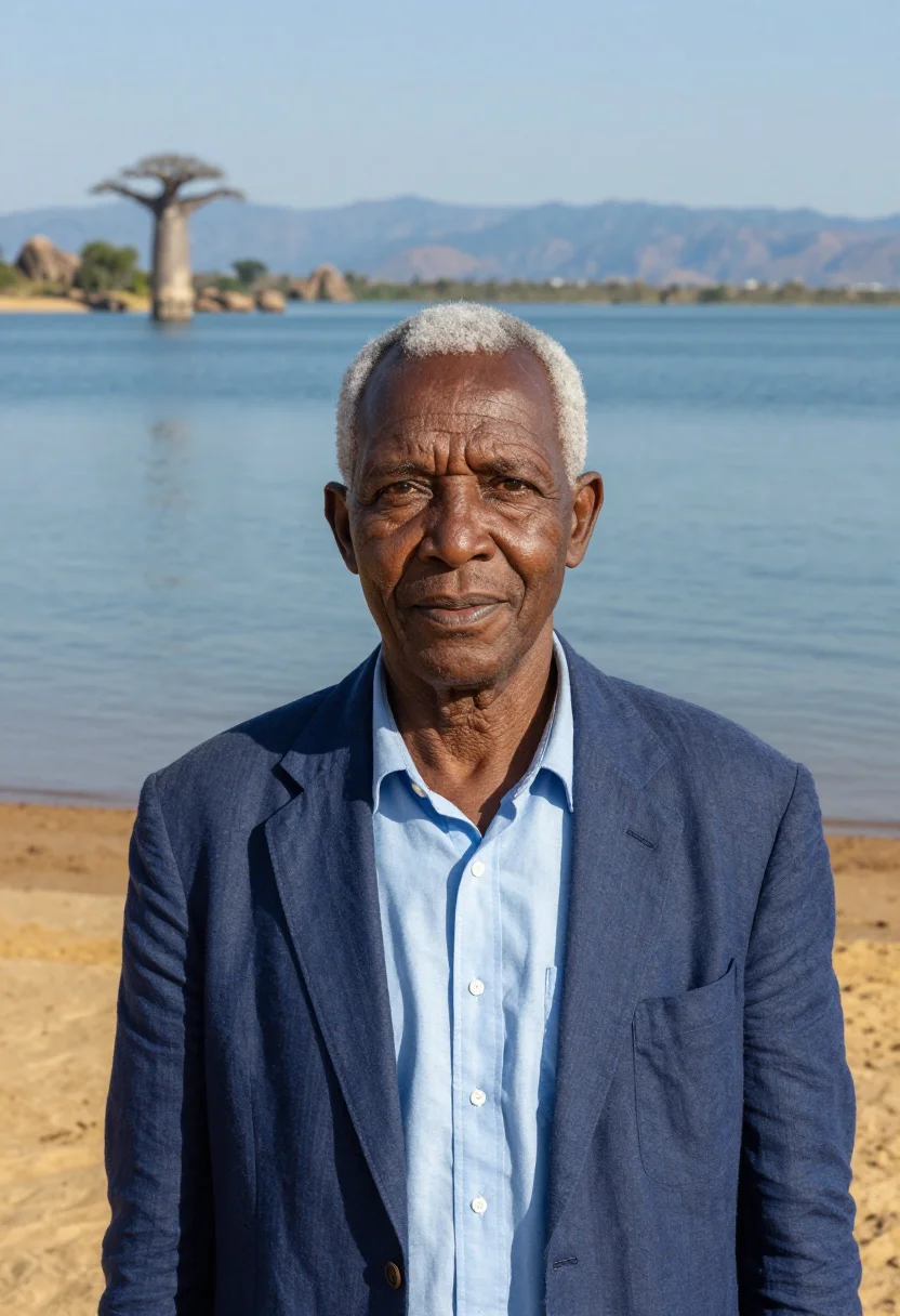 AI lake malawi limnologist lake of stars blue sample — portrait of a man, a Ngoni limnologist in his early sixties
