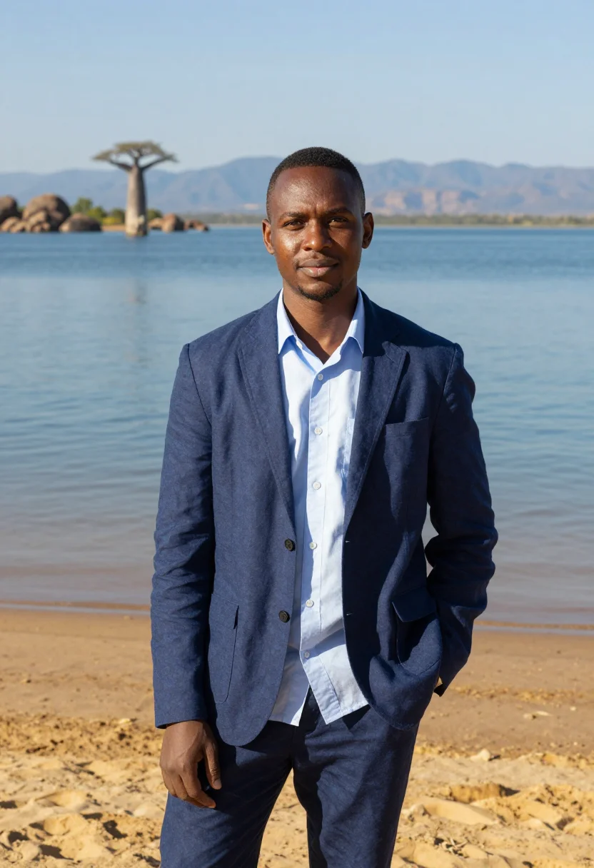 AI lake malawi limnologist lake of stars blue sample — portrait of a man, a Chewa limnologist in his late twenties
