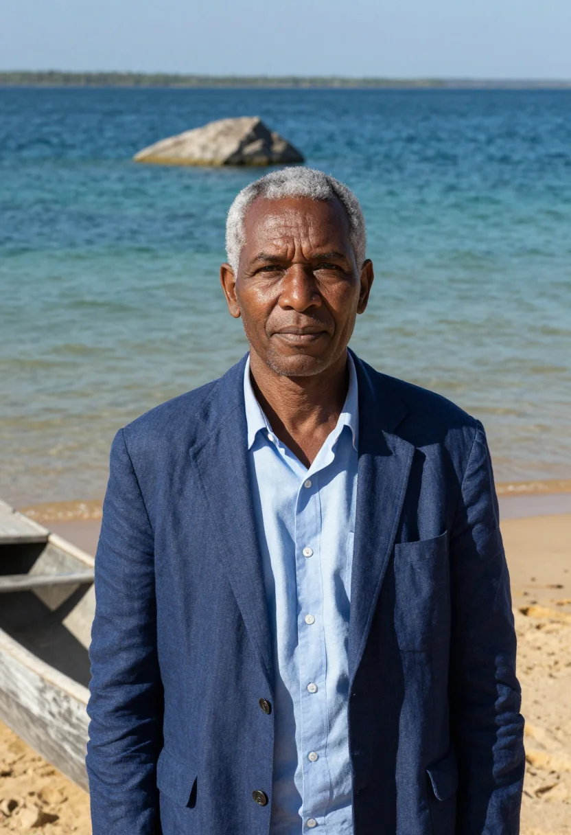 AI lake malawi limnologist lake of stars blue sample — portrait of a man, a Yao limnologist in his late fifties wit