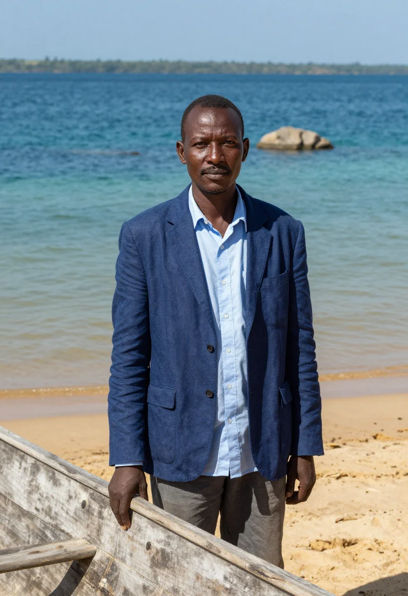 AI lake malawi limnologist lake of stars blue sample — portrait of a man, a Lomwe limnologist in his early forties