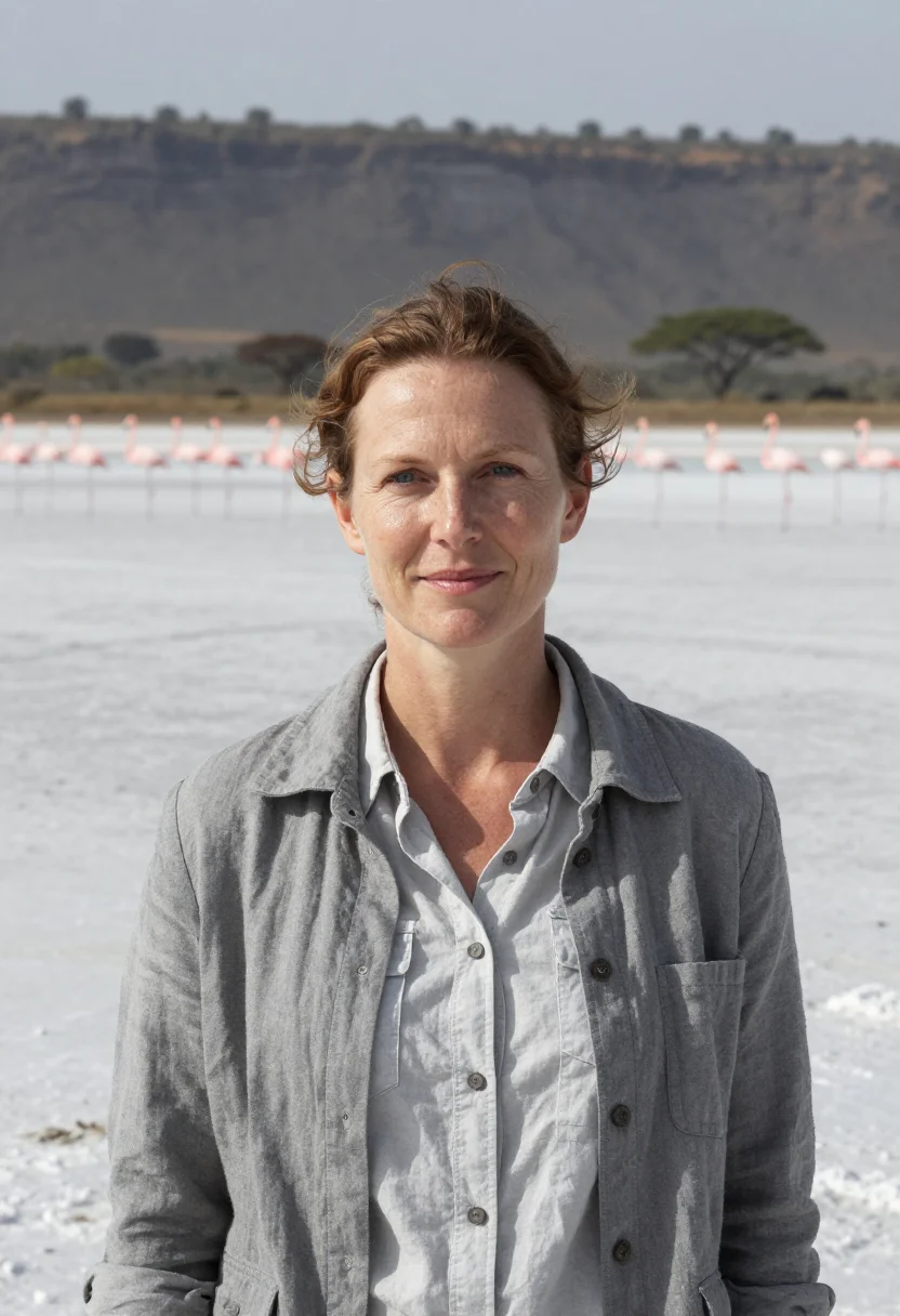 AI lake nakuru ornithologist flamingo pink sample — portrait of a woman, a German ornithologist in her mid-forti