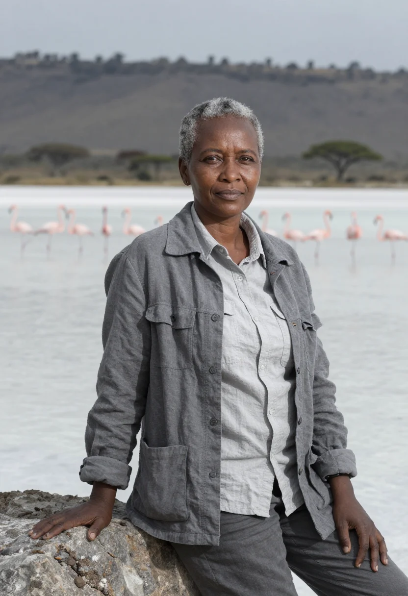 AI lake nakuru ornithologist flamingo pink sample — portrait of a woman, a Luhya ornithologist in her early fift