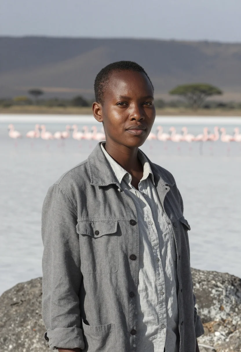 AI lake nakuru ornithologist flamingo pink sample — portrait of a woman, a Kalenjin ornithologist in her late tw