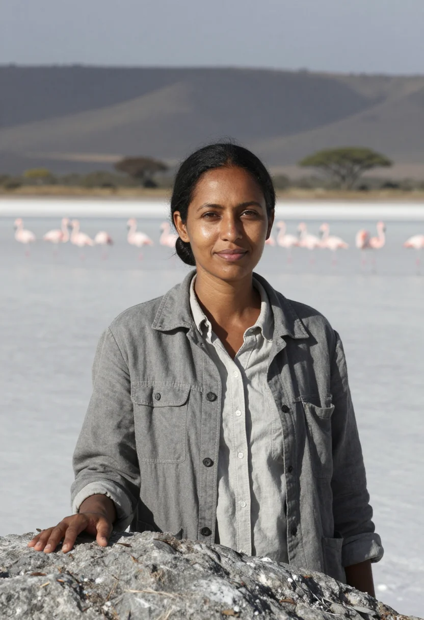 AI lake nakuru ornithologist flamingo pink sample — portrait of a woman, a Kenyan ornithologist of Gujarati desc