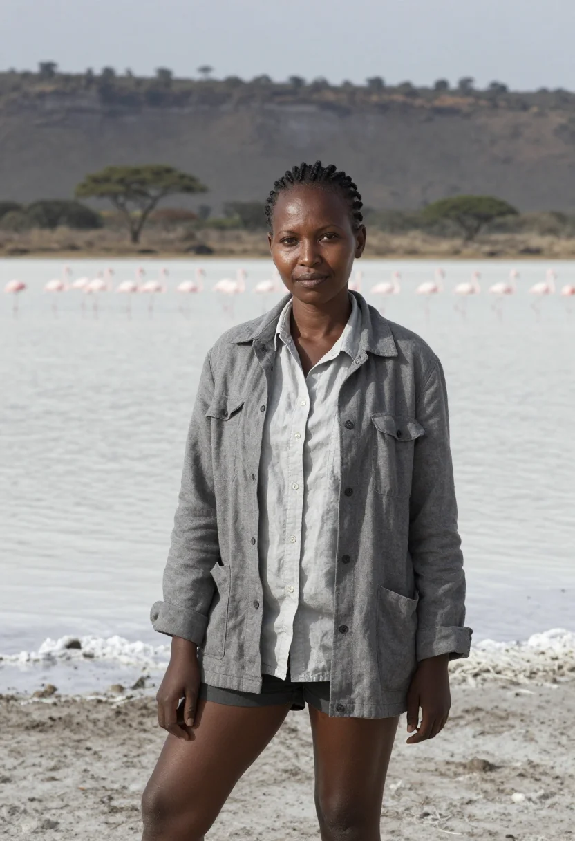 AI lake nakuru ornithologist flamingo pink sample — portrait of a woman, a Kikuyu ornithologist in her mid-forti