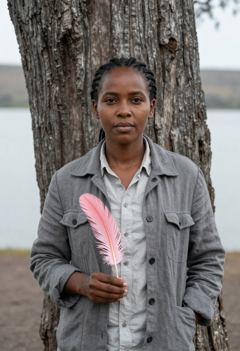 AI lake nakuru ornithologist flamingo pink sample — portrait of a woman, a Luo ornithologist in her early fortie