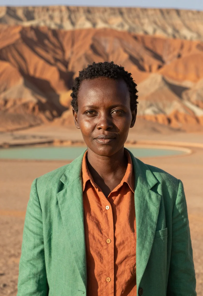 AI lake turkana palaeontologist jade sea desert sample — portrait of a woman, a Kenyan palaeontologist in her late th