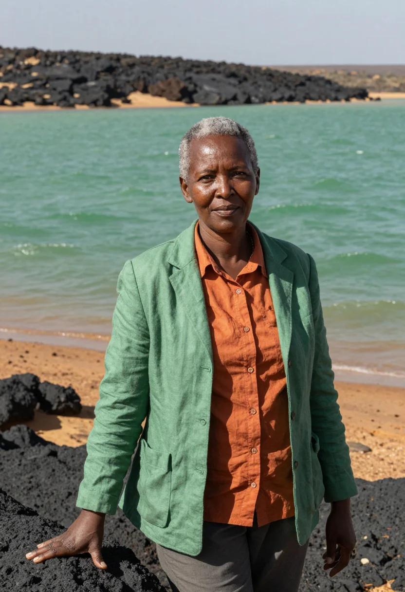 AI lake turkana palaeontologist jade sea desert sample — portrait of a woman, a Kenyan palaeontologist in her late fi