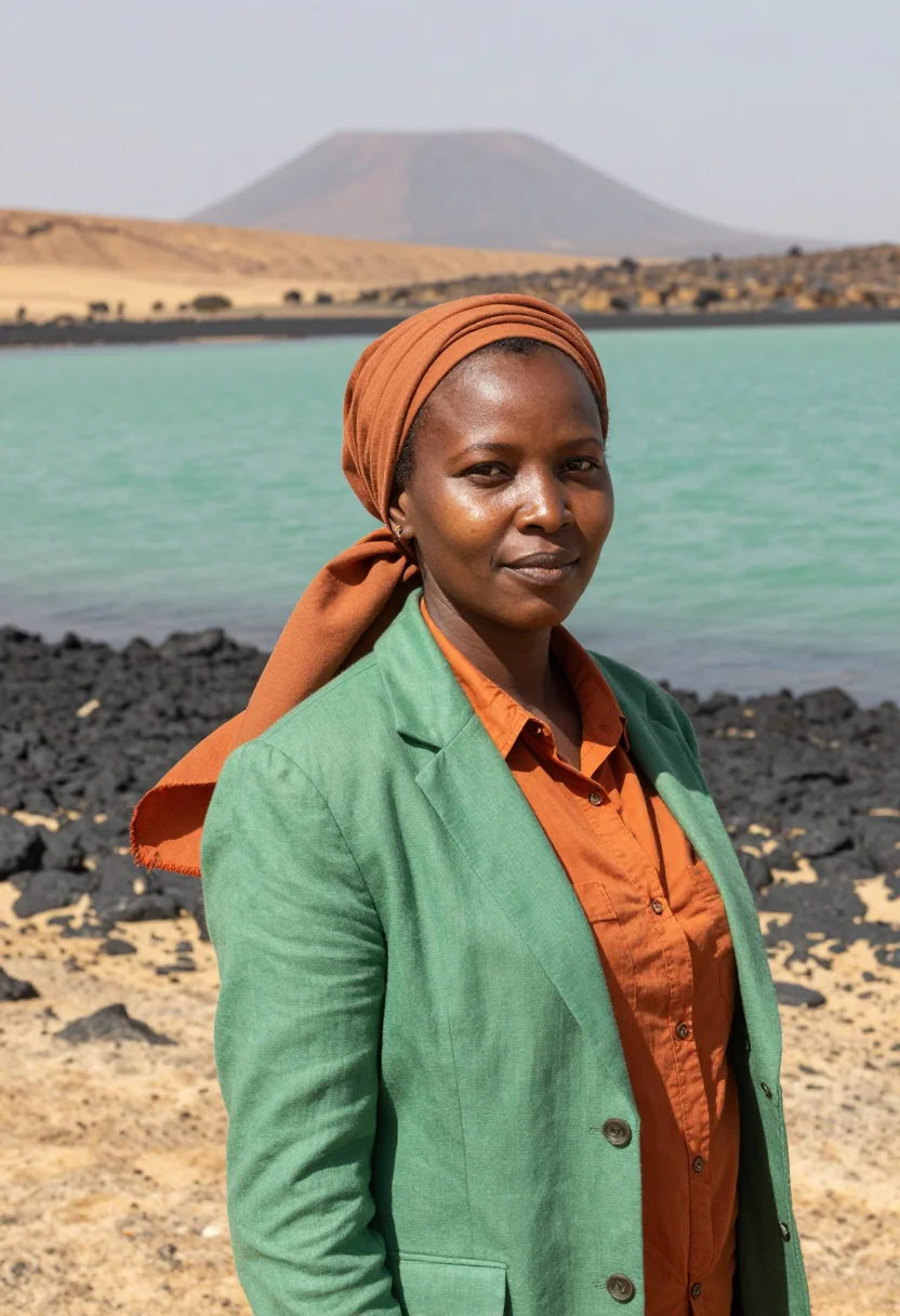 AI lake turkana palaeontologist jade sea desert sample — portrait of a woman, a Kenyan palaeontologist in her mid-for