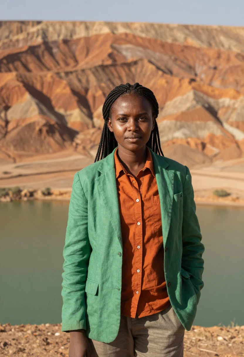 AI lake turkana palaeontologist jade sea desert sample — portrait of a woman, a Kenyan palaeontologist in her early t
