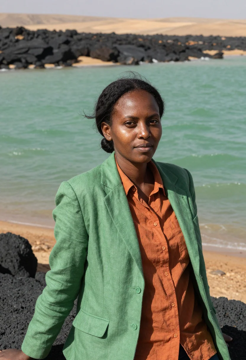 AI lake turkana palaeontologist jade sea desert sample — portrait of a woman, an Ethiopian palaeontologist in her ear