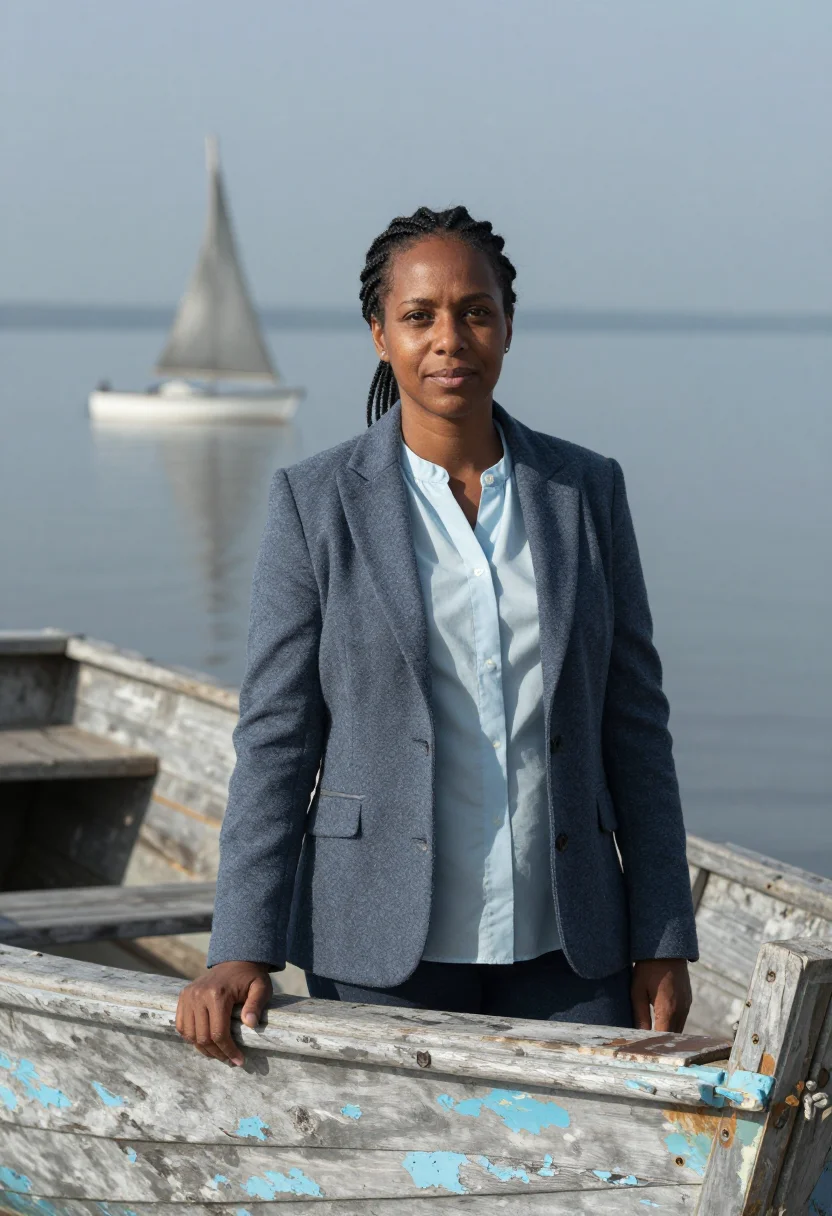 AI lake victoria fisheries scientist grey blue sample — portrait of a woman, a fisheries scientist in her mid-fortie