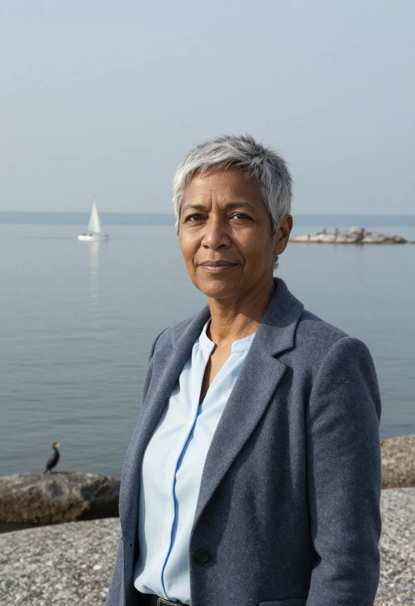 AI lake victoria fisheries scientist grey blue sample — portrait of a woman, a fisheries scientist in her mid-fiftie