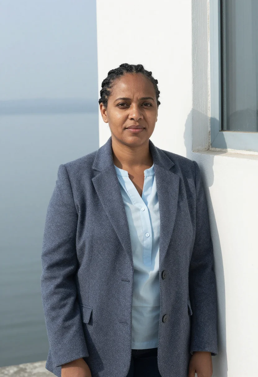 AI lake victoria fisheries scientist grey blue sample — portrait of a woman, a fisheries scientist in her late forti