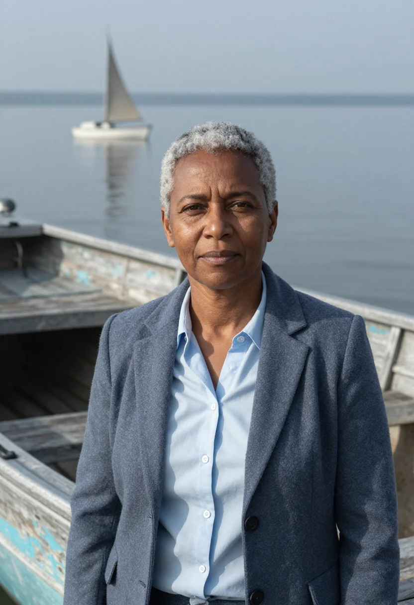 AI lake victoria fisheries scientist grey blue sample — portrait of a woman, a fisheries scientist in her early fift