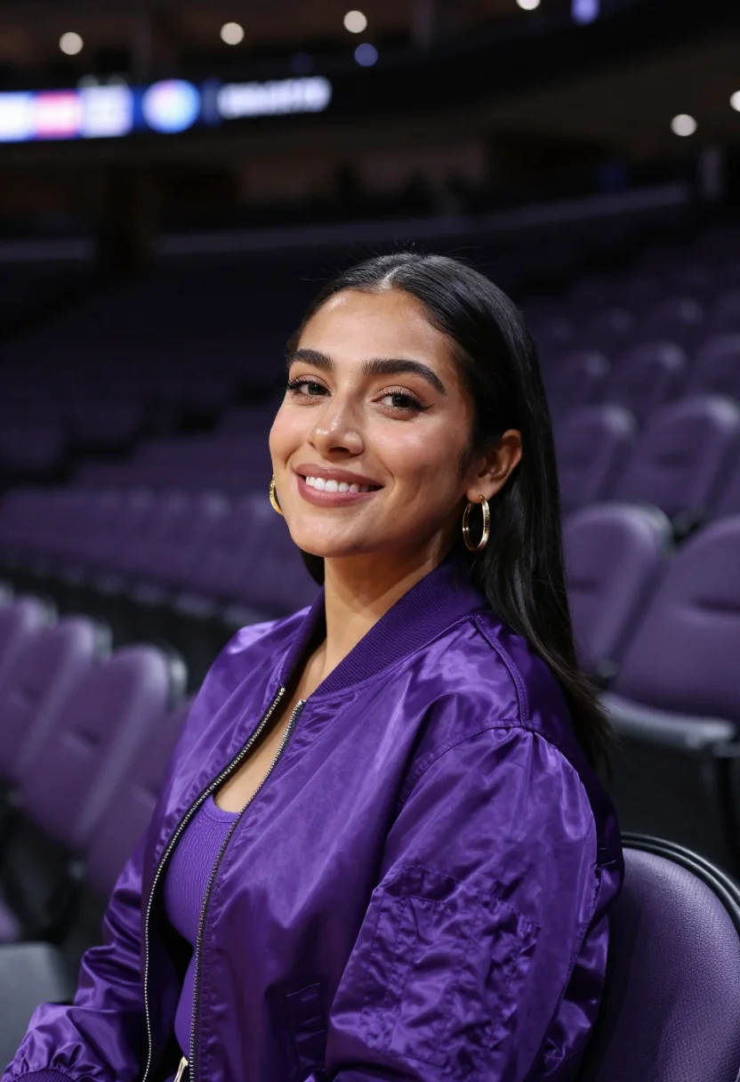 AI lakers courtside los angeles purple gold sample — portrait of a woman, a Mexican-American basketball fan in he