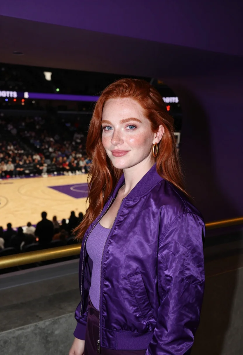 AI lakers courtside los angeles purple gold sample — portrait of a woman, an Irish-American basketball fan in her