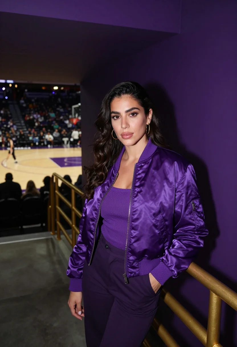 AI lakers courtside los angeles purple gold sample — portrait of a woman, a Lebanese-American basketball fan in h