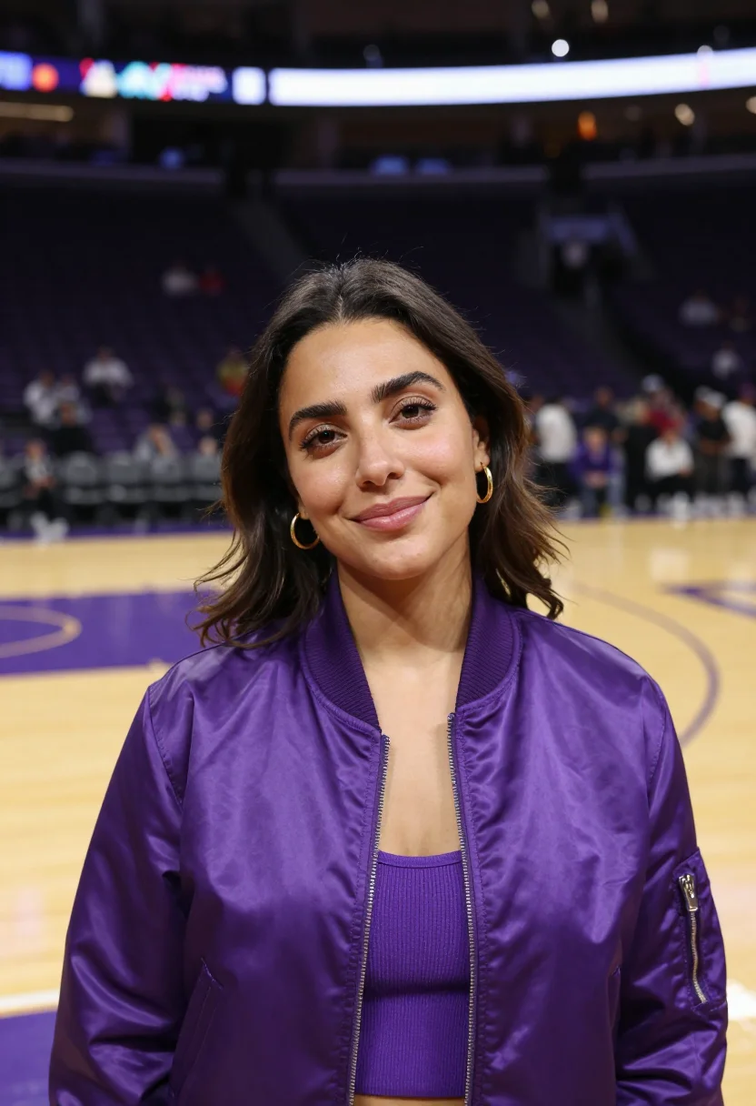 AI lakers courtside los angeles purple gold sample — portrait of a woman, a Spanish basketball fan in her early t