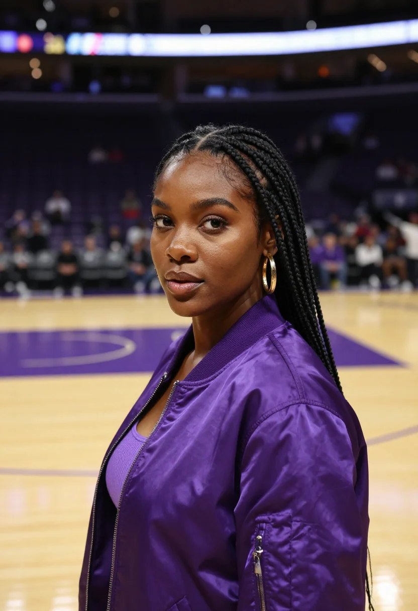 AI lakers courtside los angeles purple gold sample — portrait of a woman, an African-American basketball fan in h