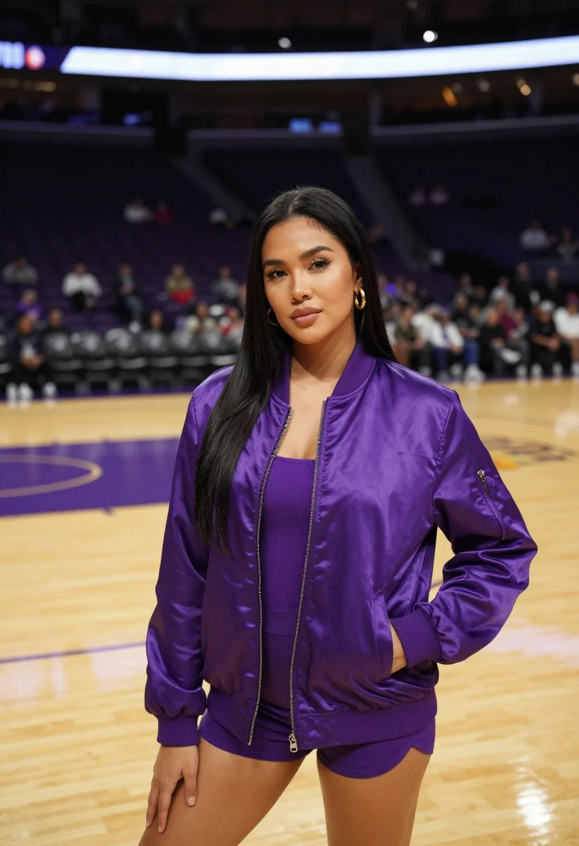 AI lakers courtside los angeles purple gold sample — portrait of a woman, a Filipino-American basketball fan in h