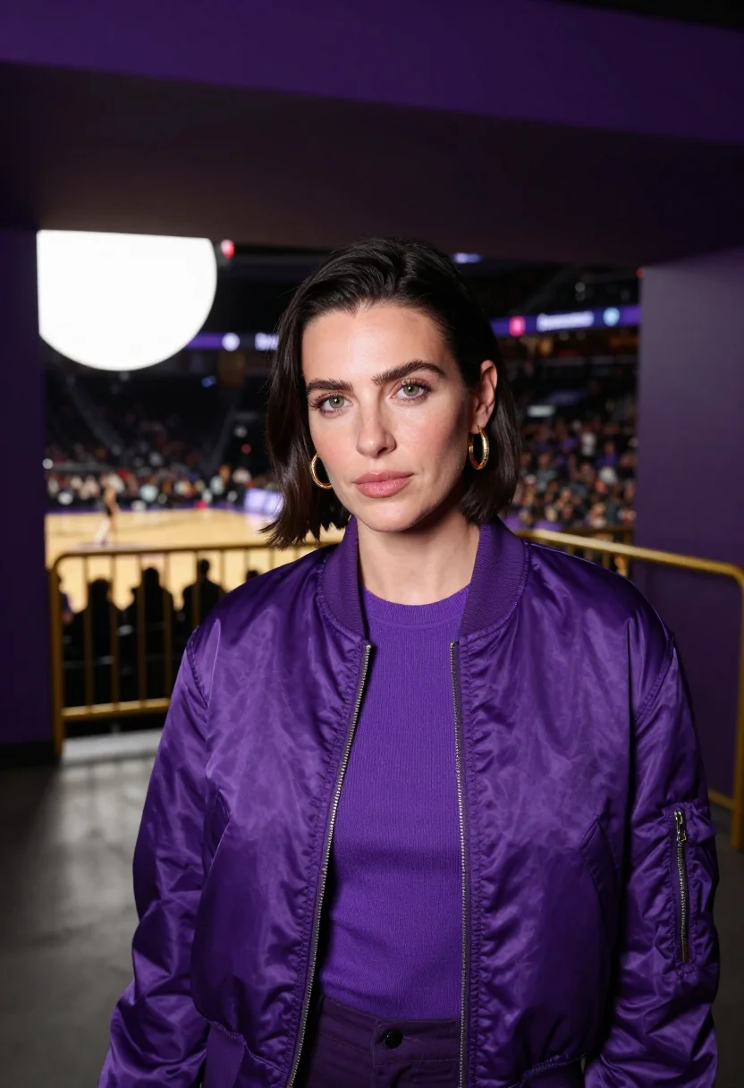 AI lakers courtside los angeles purple gold sample — portrait of a woman, a French basketball fan in her early th