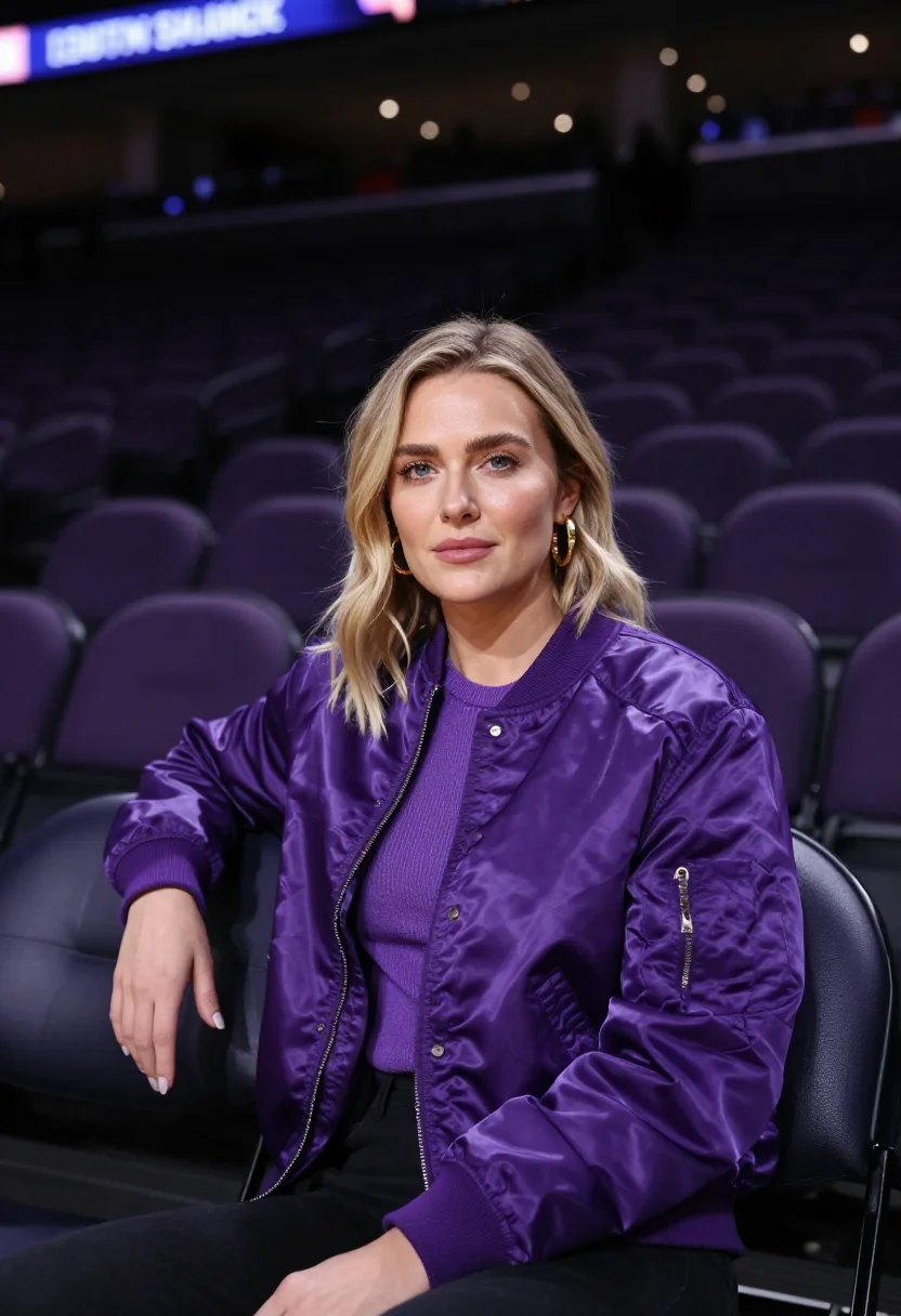 AI lakers courtside los angeles purple gold sample — portrait of a woman, an English basketball fan in her early