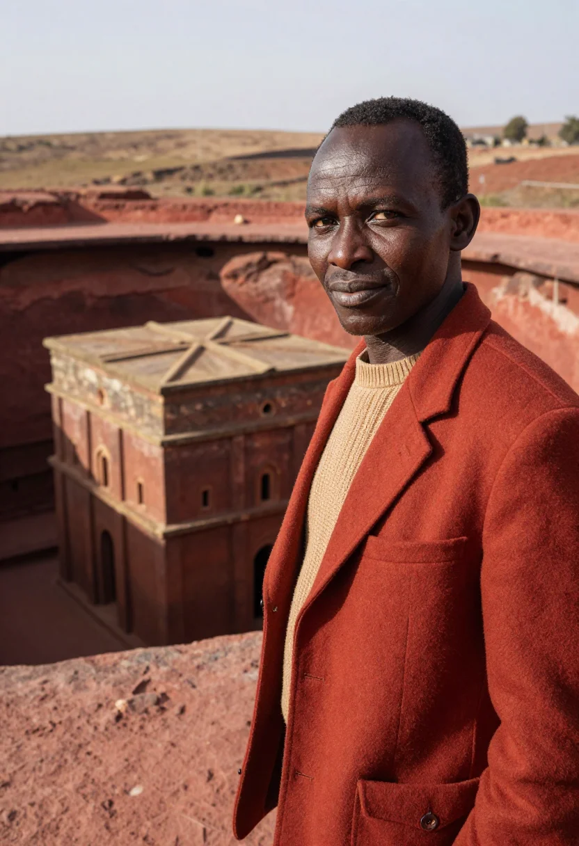 AI lalibela archaeologist rock church red sample — portrait of a man, a Kenyan archaeologist in his early forti