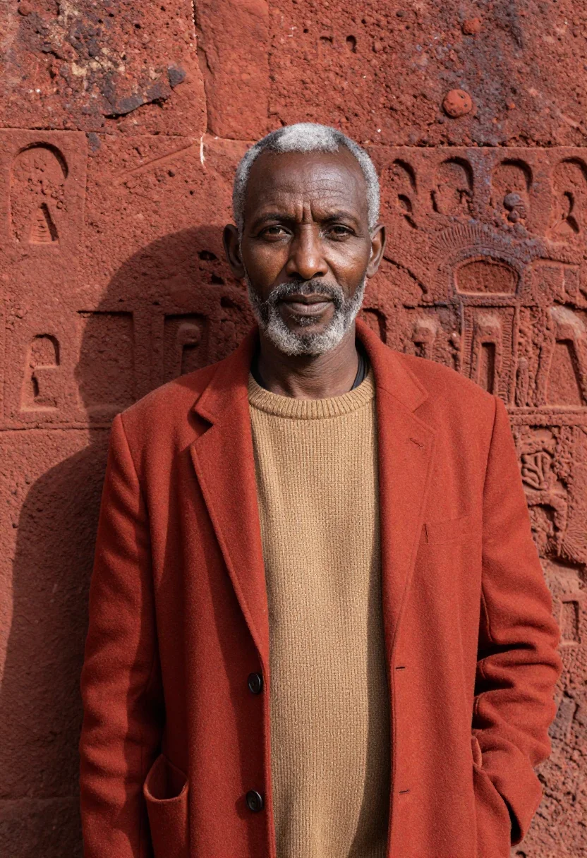 AI lalibela archaeologist rock church red sample — portrait of a man, an Ethiopian archaeologist in his mid-fif
