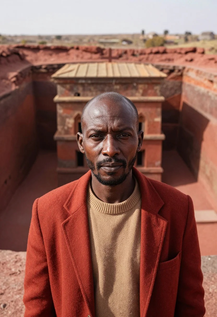 AI lalibela archaeologist rock church red sample — portrait of a man, an Ethiopian archaeologist in his late fo