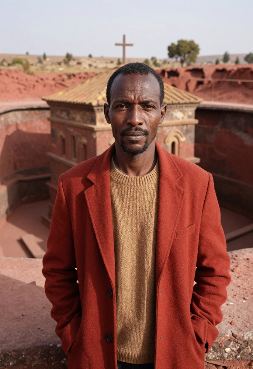 AI lalibela archaeologist rock church red sample — portrait of a man, an Ethiopian archaeologist in his late th
