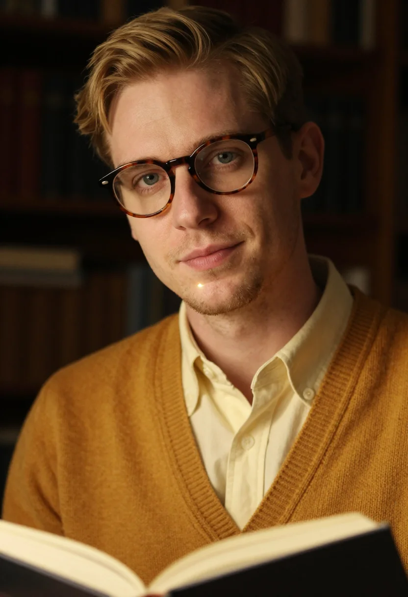 AI lamplight mustard sample — portrait of a man, tight headshot of a man in his late twent