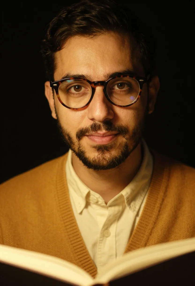 AI lamplight mustard sample — portrait of a man, tight headshot of a man in his mid-thirti