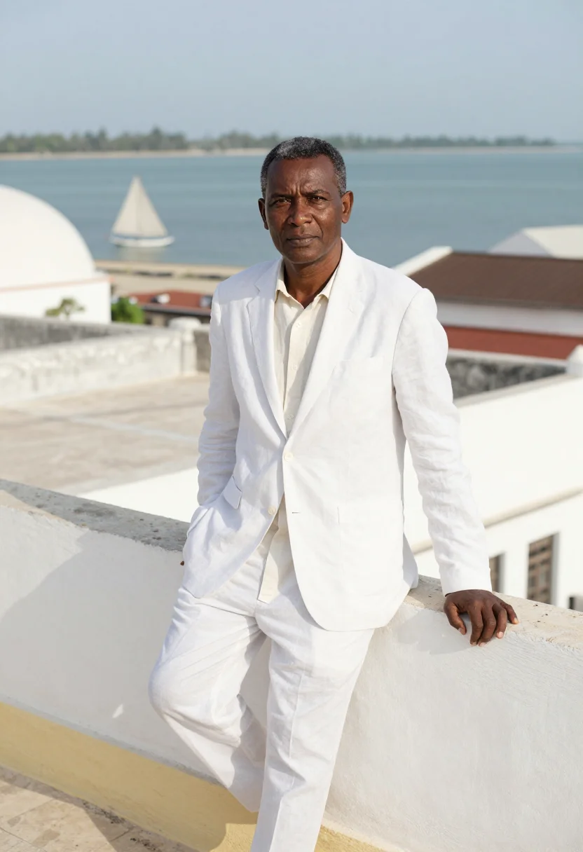 AI lamu architect coral stone white carved door sample — portrait of a man, a Swahili architect in his late forties w