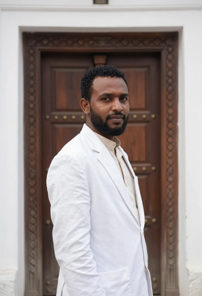 AI lamu architect coral stone white carved door sample — portrait of a man, a Kenyan architect of Omani descent in hi