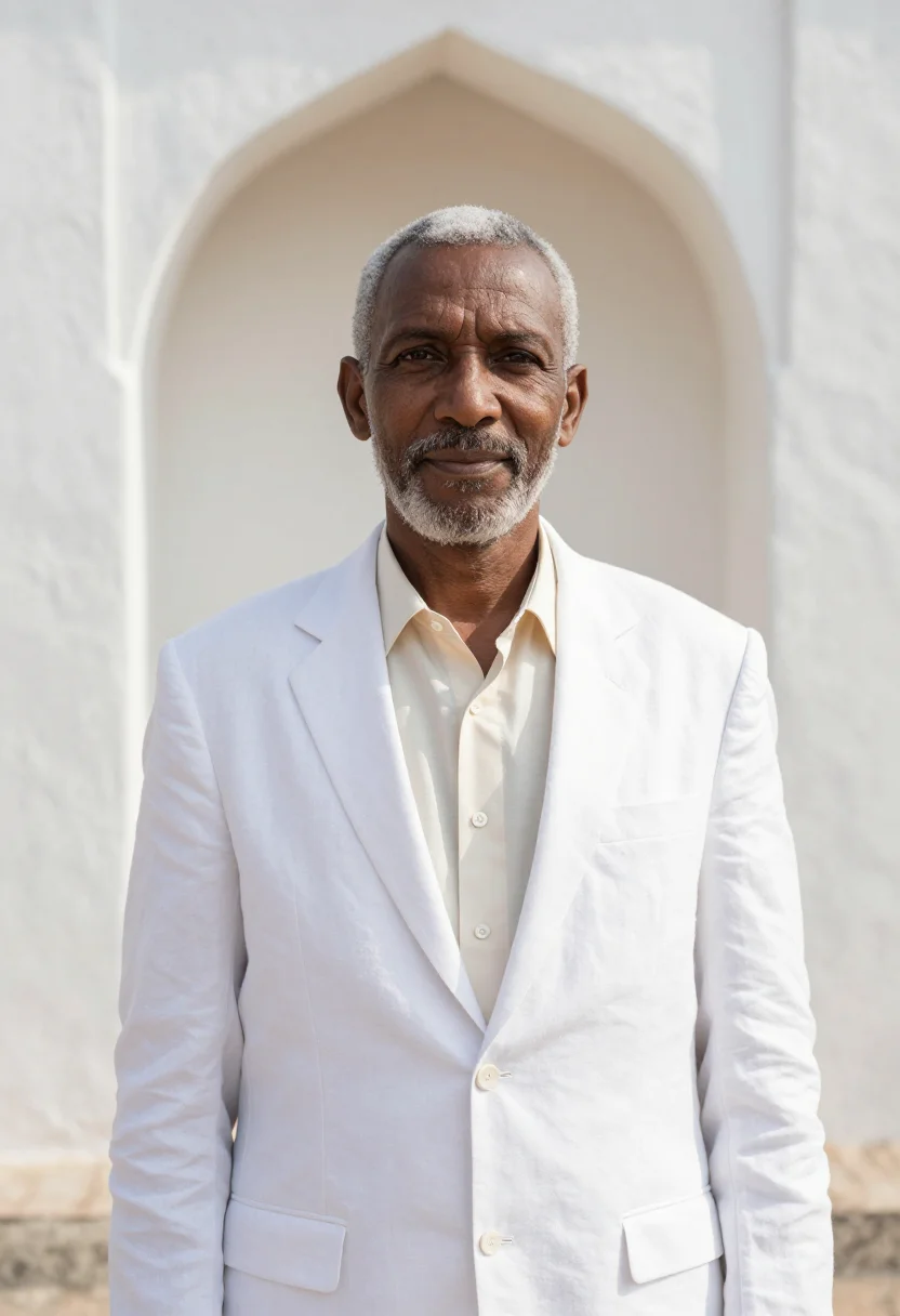 AI lamu architect coral stone white carved door sample — portrait of a man, a Swahili architect in his late fifties w
