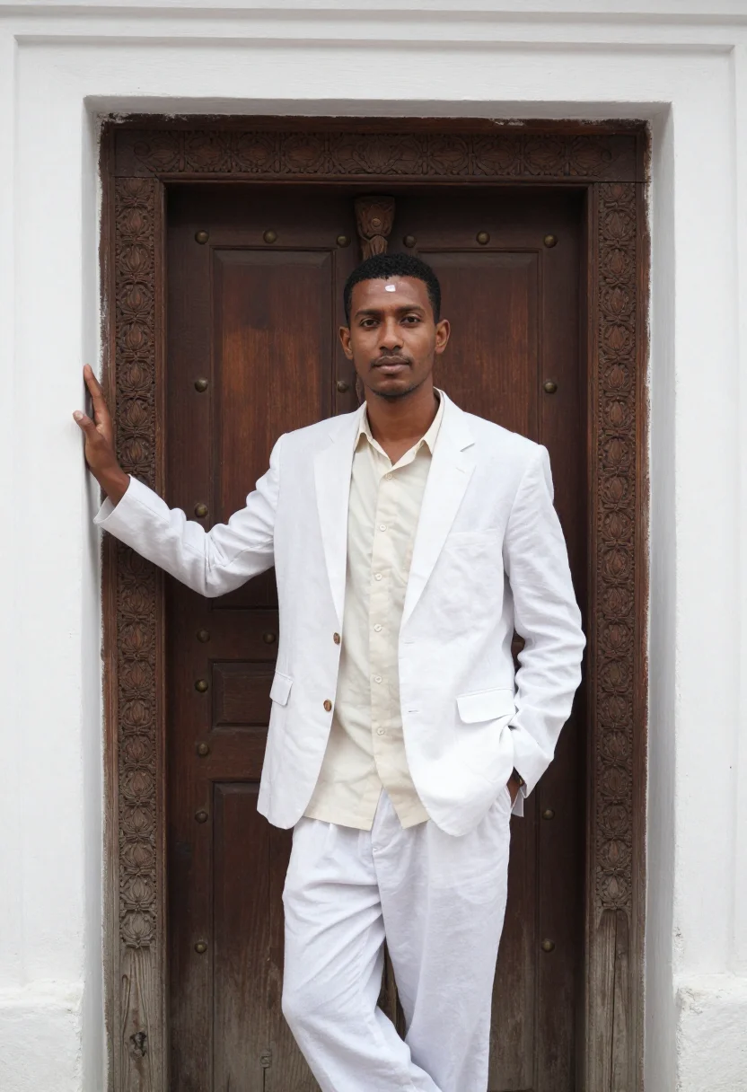 AI lamu architect coral stone white carved door sample — portrait of a man, a Swahili architect in his early thirties