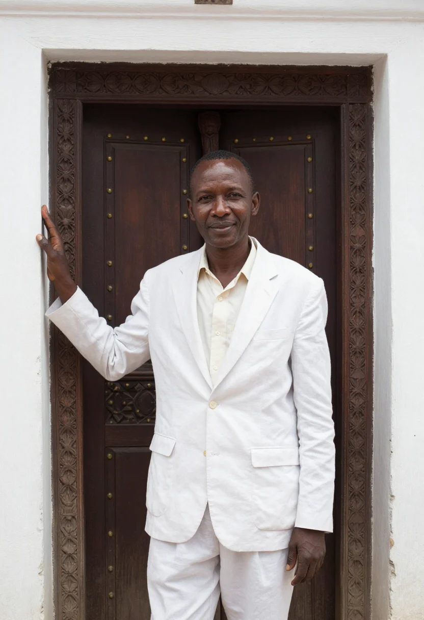 AI lamu architect coral stone white carved door sample — portrait of a man, a Kikuyu architect in his early fifties w