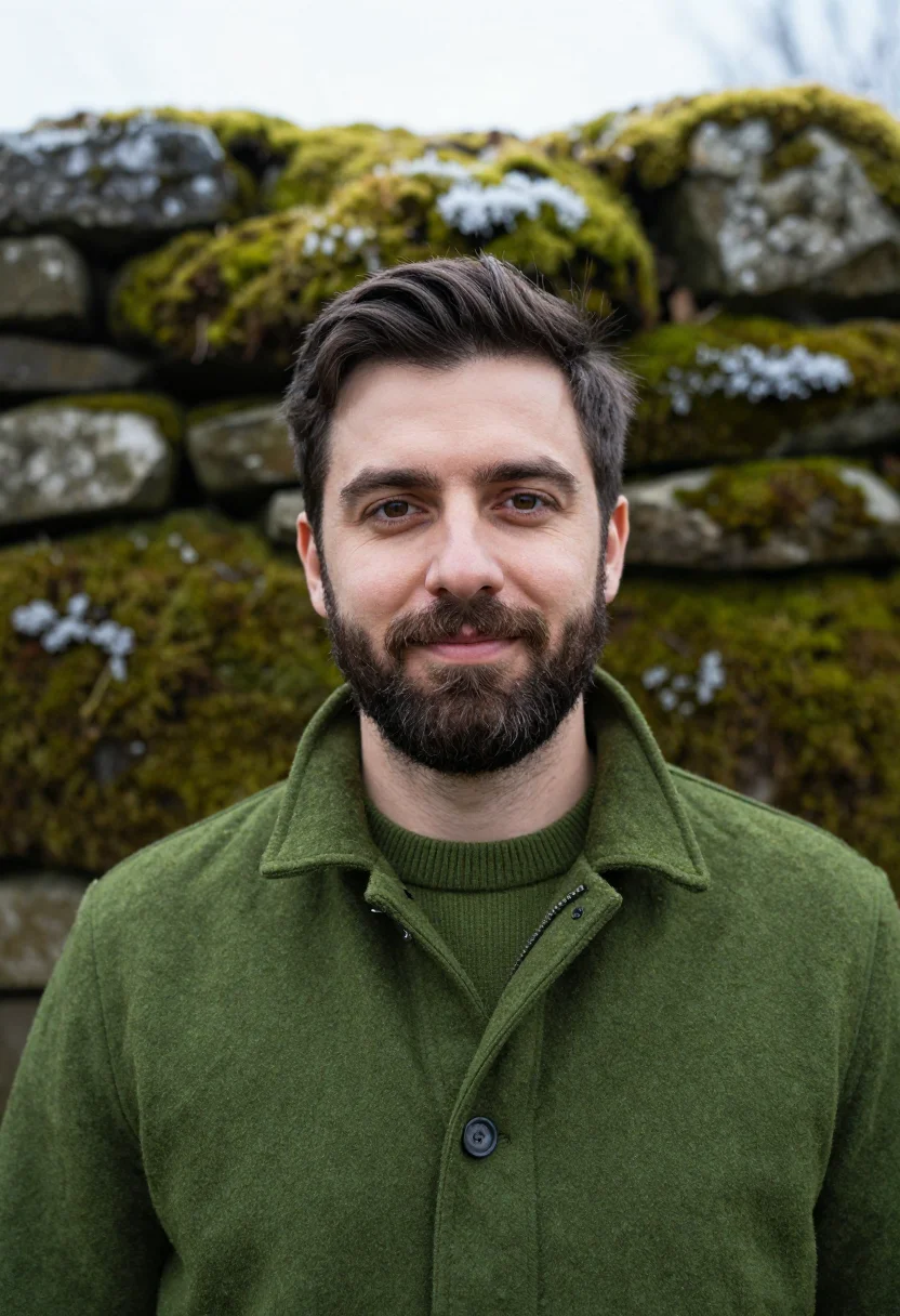 AI landscape architect moss sample — portrait of a man, framed head and shoulders, tighter, the b