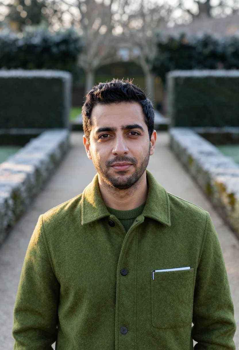 AI landscape architect moss sample — portrait of a man, framed head and shoulders, tighter, the b