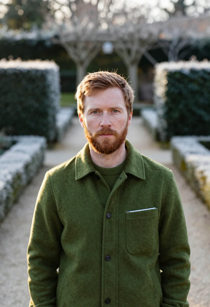 AI landscape architect moss sample — portrait of a man, framed chest-up from the ribs with the bo