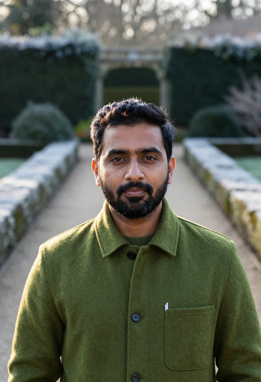 AI landscape architect moss sample — portrait of a man, framed tight on the head, the body close