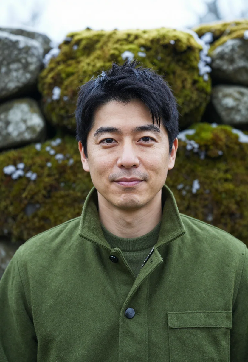 AI landscape architect moss sample — portrait of a man, framed tight on the head, the body close