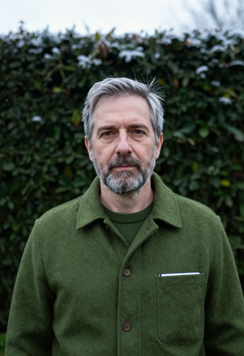 AI landscape architect moss sample — portrait of a man, framed tight on the head, the body close