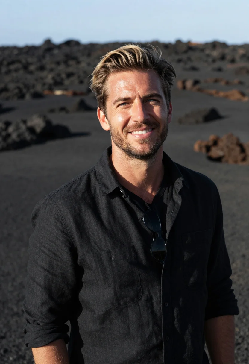 AI lanzarote lava black sample — portrait of a man, framed head and shoulders, tighter, the b